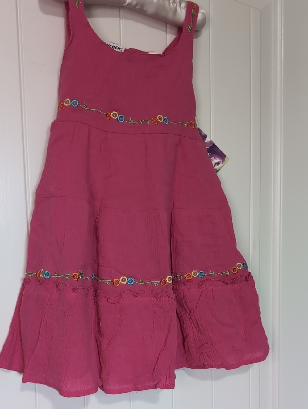 Blueberi Boulevard Hot Pink 100% Cotton Sundress w/ Floral Embroidery Size 5 NWT